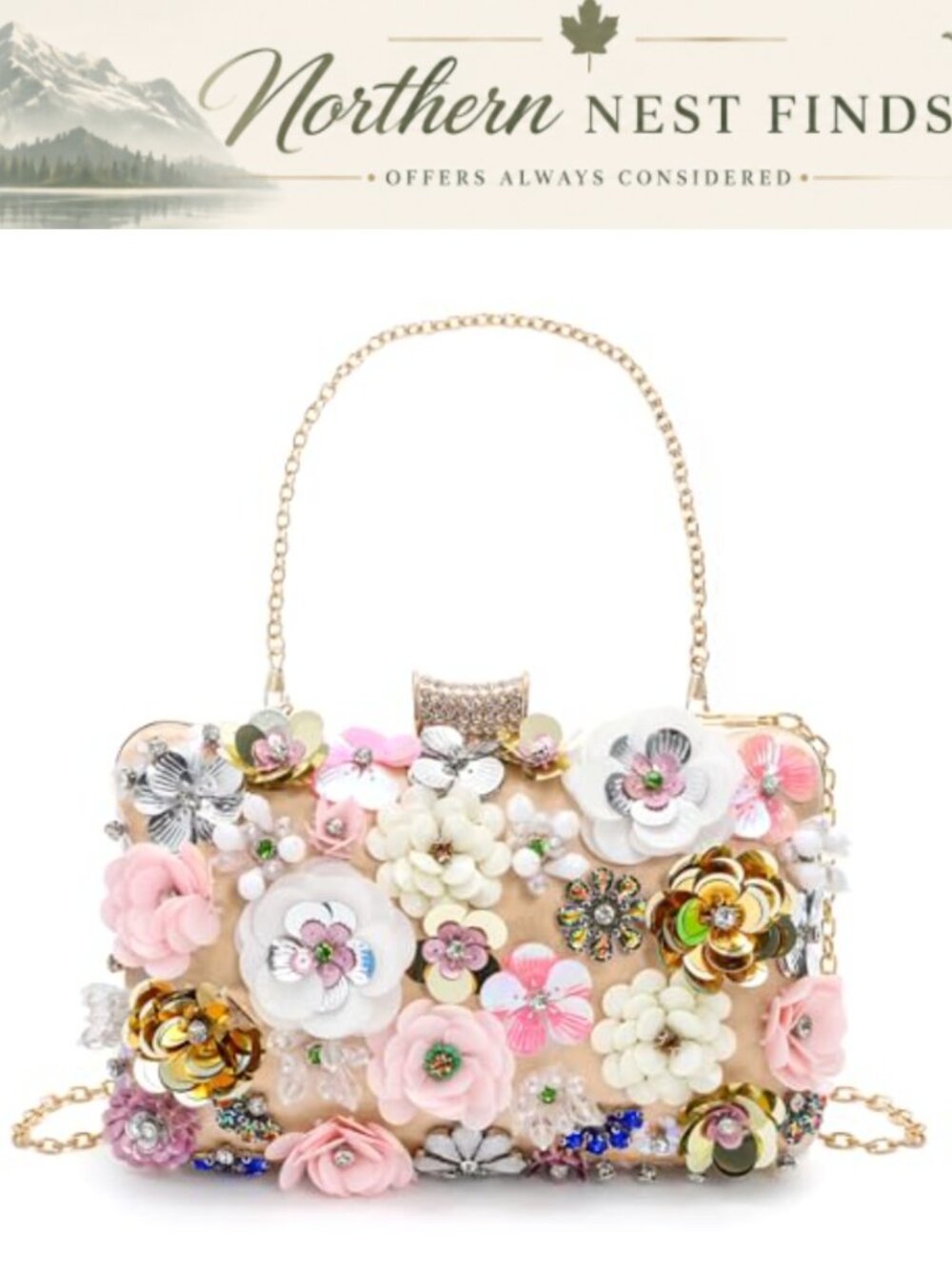Floral 3D Flower Evening Clutch Crossbody Bag Beaded Sequin